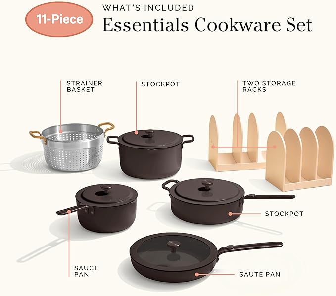 Our Place 11-Piece Essentials Complete Cookware Set - Ceramic Fry Pan, Saucepan, Saut챕 Pan, Stock Pot, Strainer Basket & Rack Storage | Thermakind??Nonstick, Oven Safe up to 450째F | Char