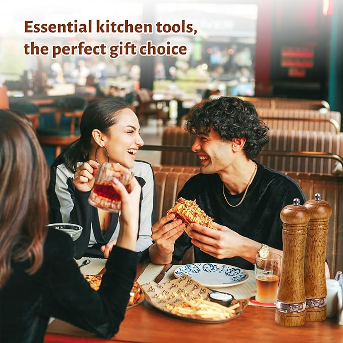 Wooden Pepper Grinder Set of 2, 8 Inch Beech Wood Pepper Mills with Stainless Steel Core, Manual Pepper Grinder with Comfort Grip & Effortless Grinding for Kitchen Cooking