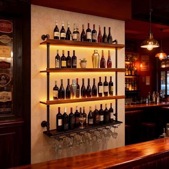 Wall Mounted Wine Rack with LED Light, 4 Tiers Large Wine Rack with Wine Glass Holder. lron & Wood Liquor Bottles Floating Shelves Display Storage for Bar, Kitchen, Cafe (Walnut, 160cm/63in)