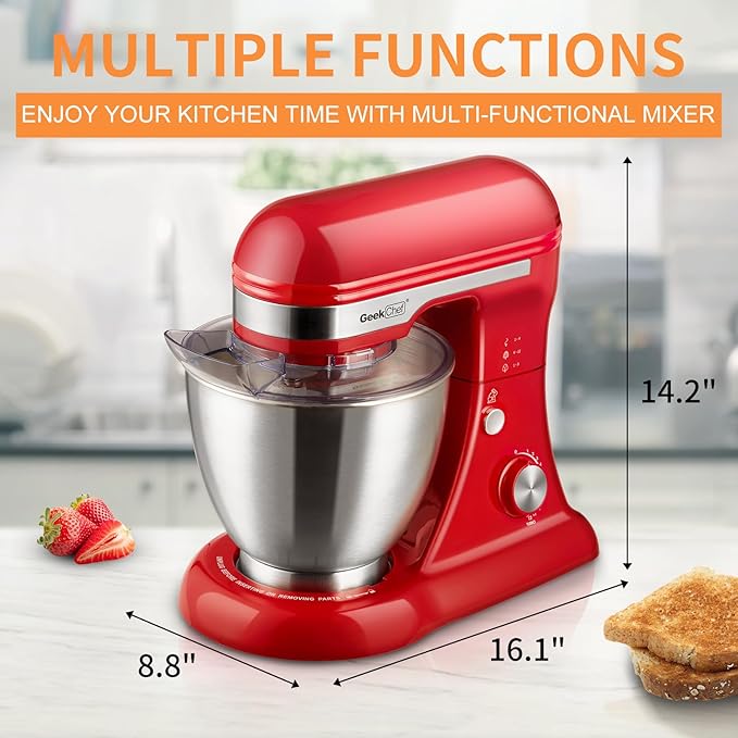 Geek Chef 3-IN-1 Stand Mixer, 4.8QT, 12 Speeds Tilt-head Food Mixer with Dough Hook, Whisk, Beater and Digital Scale with App, Red