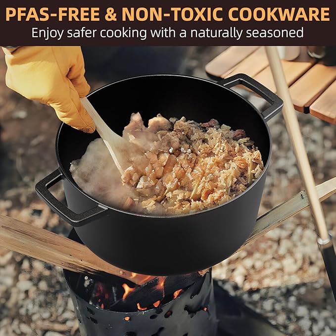 Cast Iron Dutch Oven Pot with Skillet Lid ??Pre-Seasoned ??Skillet Lid Cooking Pan??PFAS-Free ?밬mite Chef Cast Iron Skillet Cookware for Bread, Frying, Baking ??Dual Handles ??Oven, Grill, Campfire & Stovetop Safe ??Durable & Non-Toxic, 5QT