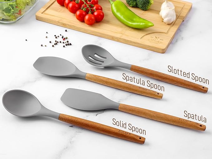 Zulay Kitchen Utensils Set Non-Stick Silicone Cooking Utensils Set with Authentic Acacia Wood Handles - 8 Piece Set - Silicone Kitchen Utensils Set with 464째F Heat Resistance - Gray