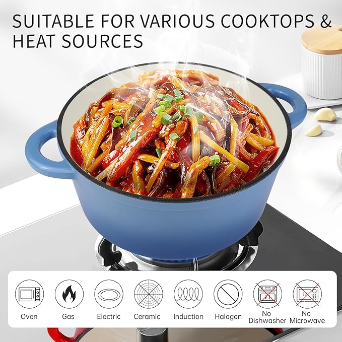 6 Quart Enameled Cast Iron Dutch Oven Pot with Lid and Silicone Accessories, Oven Safe up to 500째F or on Stovetop, Non-stick Dutch Oven for Bread Baking, Cooking, Dual Handles Cookware, Light Blue