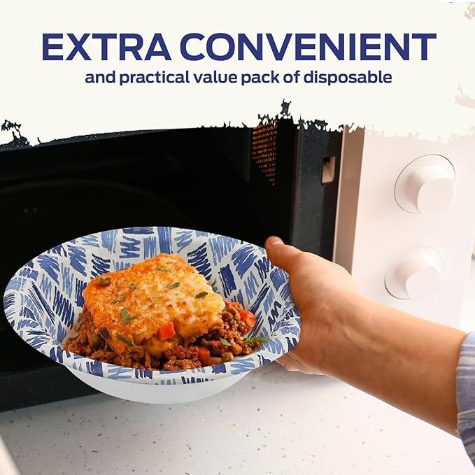 PAMI Heavy Duty Disposable Paper Bowls | Microwave Safe | Oil, Water & Cut Resistant | Plastic, Recyclable Paper (12 Oz Bowl 50 Blue)