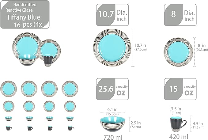 16 Piece Dinnerware Set, Ceramic Plates and Bowls Sets for 4, Microwave and Dishwasher Safe, Handcrafted Tree Bark Series Dish Set, Turquoise