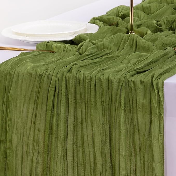 Socomi 6pcs Olive Green Valentine's Day Cheesecloth Table Runner Boho Rustic Gauze 120 inch 10FT Cheese Cloth Runner for Wedding Party Baby Shower Birthday Home Decor Holiday Decorations