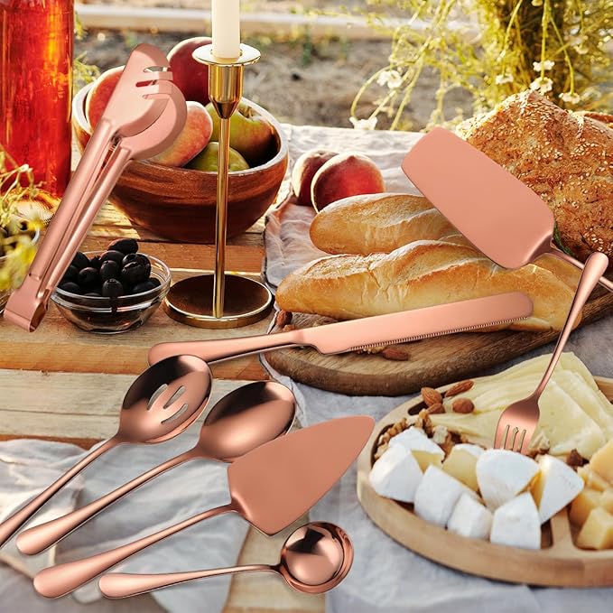 AARAINBOW Exquisite 8 Pieces Serving Utensils Set, Stainless Steel Serving Utensils with Serving Spoons, Food Serving Utensils Steel for Parties Buffet Home Serving Utensils Large (8 Rose Golden)…