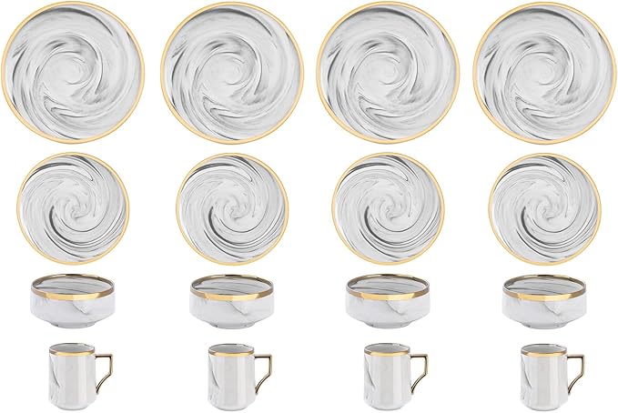 16 Piece Plates and Bowls Sets, Fine China Artisan Marbled Dinner Set for 4, Dishwahser Safe, Scratch Resistant, Grey with Gold Line