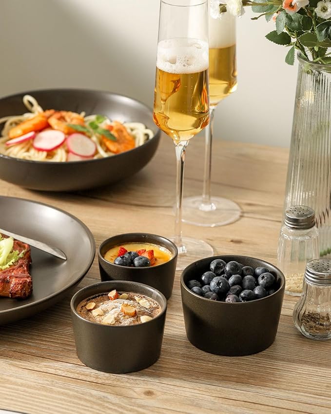 Tikooere Ramekins 2.5 oz,Oven Safe Small Ramekins for Creme Brulee,Souffle,Black Ramkeins for Baking,Ceramic Mini Ramkeins Set of 6,Custard cups for Kitchen,Matte Black