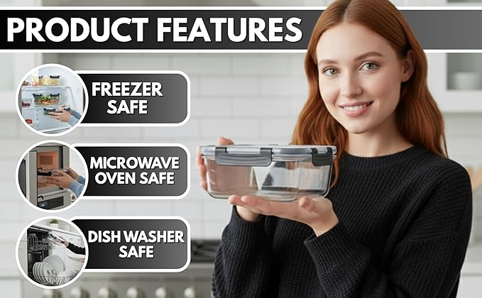 Glass Food Storage Containers Set of 5, Airtight Glass Meal Prep Containers, BPA-Free Lunch Containers for Microwave, Oven, Freezer & Dishwasher Safe(35oz)