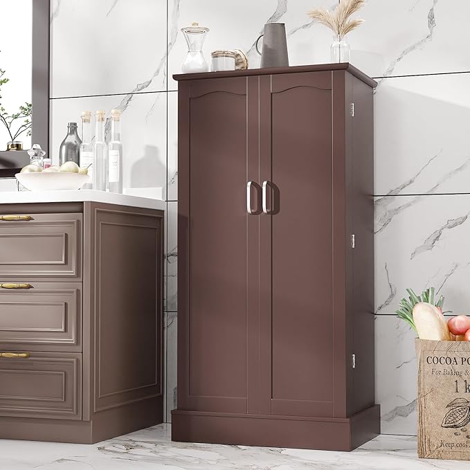 47??Pantry Cabinet, Kitchen Pantry Storage Cabinet with Doors & Adjustable Shelves, Brown Freestanding Buffet Cupboards Sideboard for Living Room and Dinning Room, Sturdy and Durable