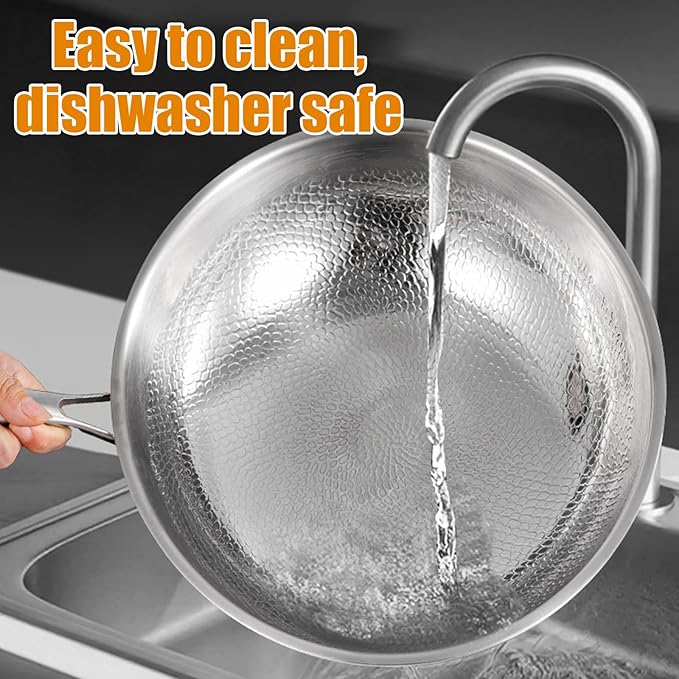 Titanium Hammered Wok with Lid, Upgrade Double Handle Non Stick Titanium Pans for Cooking, Ultra-Durable, Scratch-Resistant, Even Heating Frying Pans, Compatible with All Cooktops,with steame