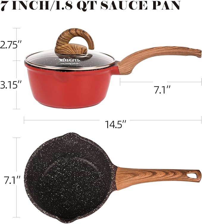 Nonstick Saucepan with Lid, 1.8 Quart Classic Red Granite Coated Pasta Soup Pot for All Stovetops, 7 Inch Small Sauce Pan for Cooking Sauce Soup and Milk