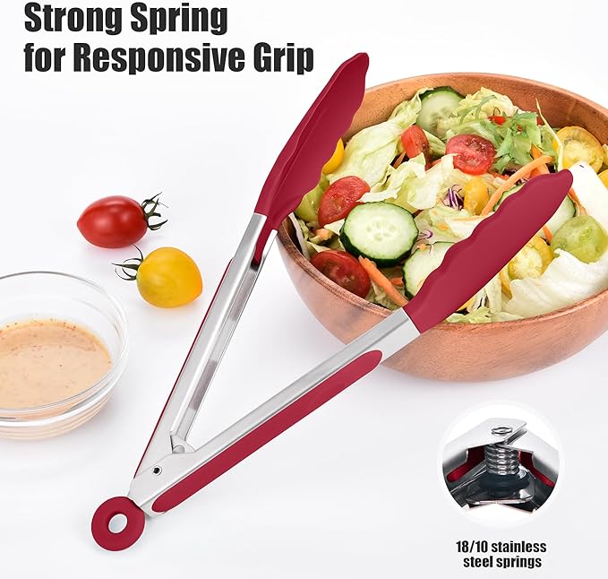 Doosu Kitchen Tongs for Cooking - 600째F Heat Resistant Food Tong Set with Non-Scratch Silicone Tips, Heavy Duty Stainless Steel Locking Tong for BBQ, Grilling Steak, Serving Salad (9+12in, Red)