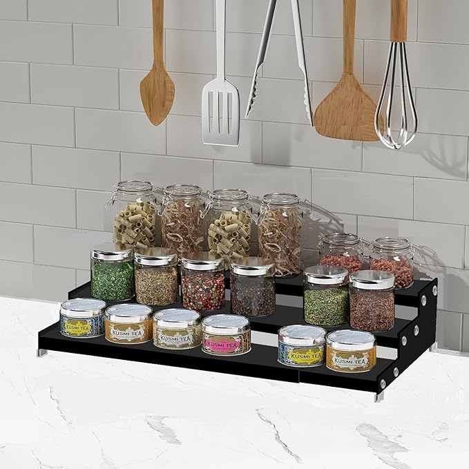 Spice Rack Organizer 3 Tier Expandable Display Shelf(12.8"-24.01" W) Non-Skid Heavy Duty Sturdy Metal Iron Alloy Steel Step Racks 1 Pack/Black