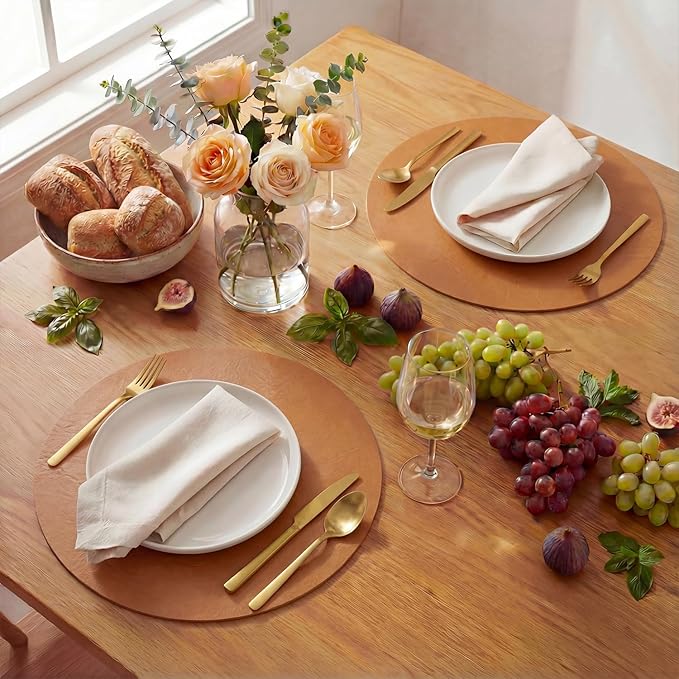 Artoid Mode Rust Faux Leather Placemats Set of 4, 15 Inch Waterproof Wipeable Heat Resistant Place Mats, Reversible Table Mats for Fall Kitchen Dining Decor