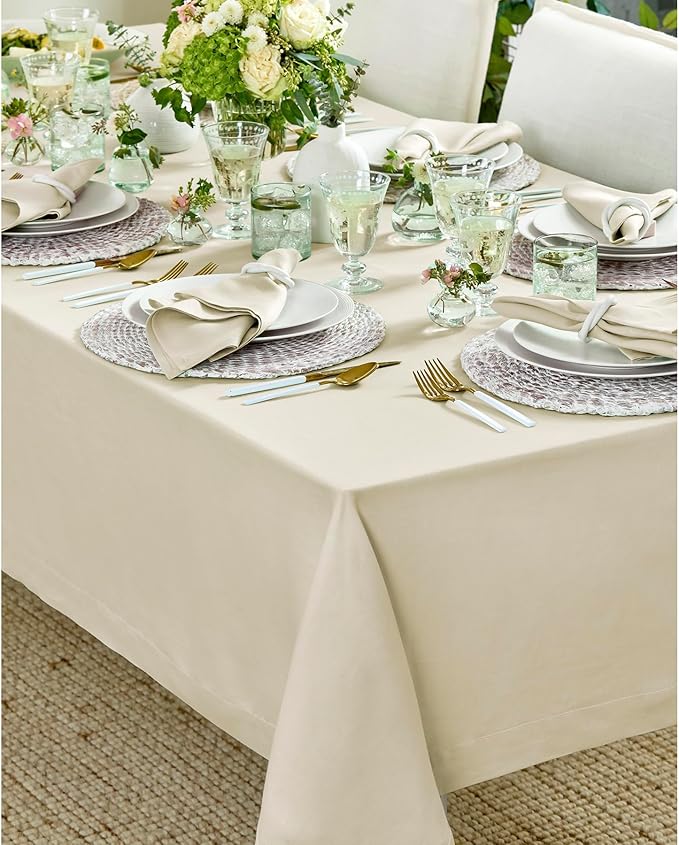 Solino Home Linen Tablecloth 52 x 52 Inch - 100% Pure Linen Birch Square Tablecloth - Fete, Machine Washable Table Throw for Spring, Easter