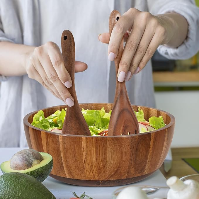Wooden Salad Bowl Set 11.8 Inch ??Acacia Large Wood Salad Bowl with Wooden Serving Utensils, Big Salad Bowls for Fruits, Food Serving & Hosting Family Gatherings