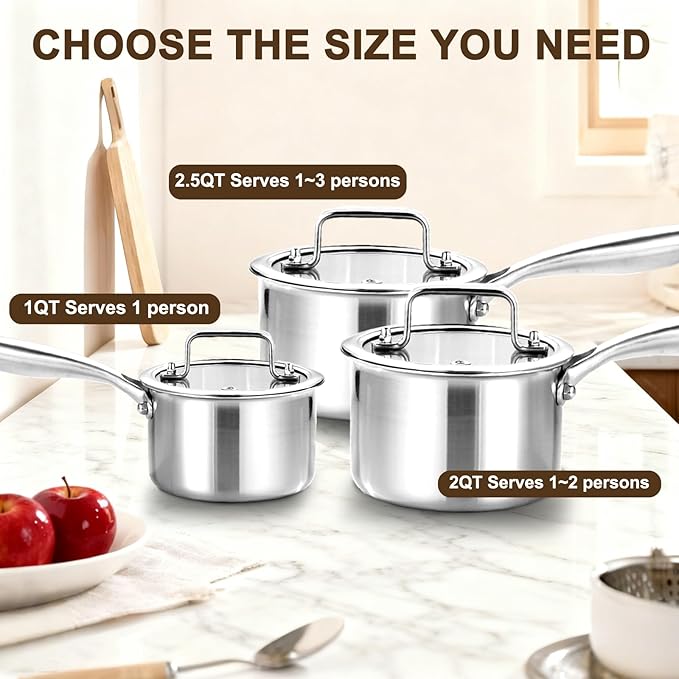 1 Quart Triple Stainless Steel Saucepan with Lid, Ramen Pot with Clear Glass Cover, Small Sauce Pan for Cooking Oatmeal, Induction-Ready, Dishwasher-Safe, Suitable for All Stoves