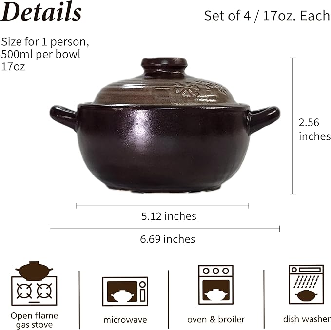 ??4-Pack Korean Clay Pots (17oz / 500ml) with Lids & Handles ??Ttukbaegi Stone Bowls for Cooking Bibimbap, Donabe Style Korean Clay Cookware ??Oven & Stovetop Safe