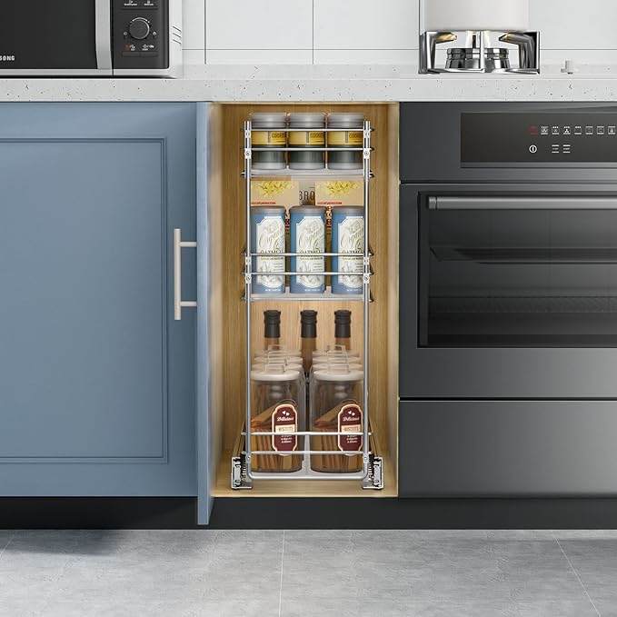 ROOMTEC Pull Out Spice Rack for Narrow Cabinet (7" W X 20쩍" D),3 Tier Heavy Duty Sliding Spice Cabinet Organization Shelf Racks, Pull Out Shelves Under Cabinet Storage for Kitchen