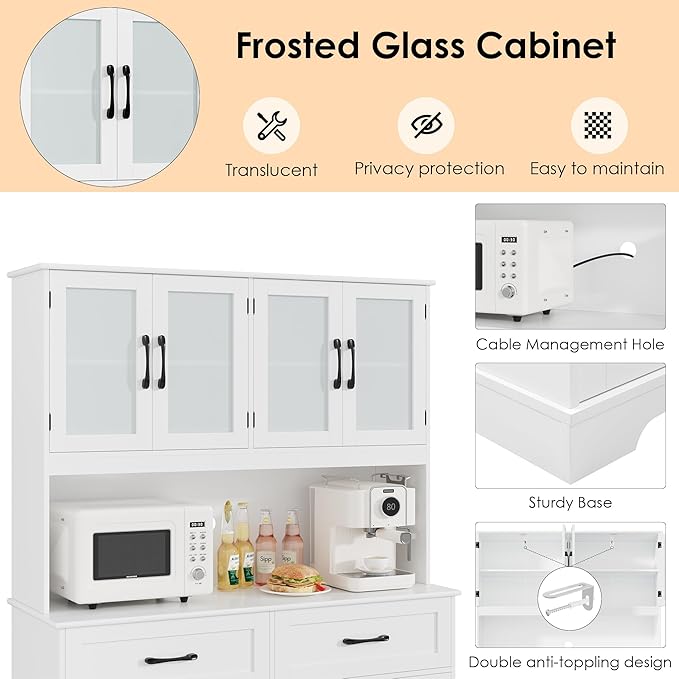 Pantry Storage Cabinet with Microwave Stand, 71" Tall Kitchen Hutch, Large White Pantry Cabinet with Glass Doors for Dining Room