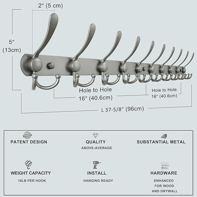 Dseap Coat Rack Wall Mount - 38??Long 10-Tri-Hooks Heavy Duty Coat Hanger Rail Wall Hooks for Hanging Coats Hats Clothing Clothes Purse Mudroom Entryway, Gray
