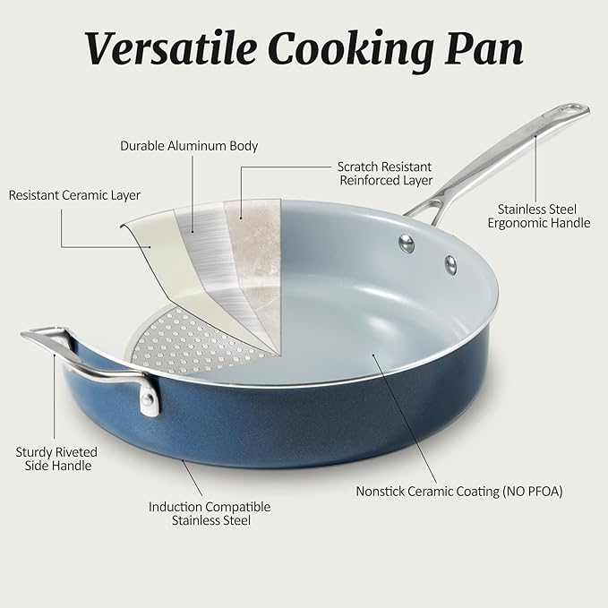 Nonstick Saut챕 Pan with Lid 5 QT Deep Frying Pan with Stainless Steel Helper Handle 12 inch Large Skillet Ceramic Jumbo Cooker for Healthy Cooking, Induction Compatible Cookware, PFOA Free