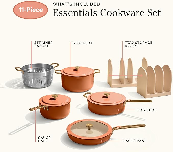 Our Place 11-Piece Essentials Complete Cookware Set - Ceramic Fry Pan, Saucepan, Saut챕 Pan, Stock Pot, Strainer Basket & Rack Storage | Thermakind??Nonstick, Oven Safe up to 450째F | Terracotta