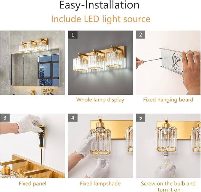 Modern Bathroom Vanity Light 3-Lights Gold Crystal Bathroom Wall Light Vanity Light Fixturesï¼?0.47-inch Modern Minimalist Design