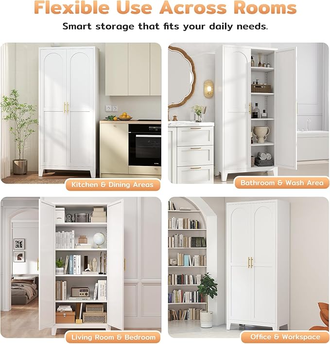 71'' Tall Metal Pantry Cabinet with 2 Doors, Freestanding Kitchen Storage Cabinet with 4 Adjustable Shelves, Steel Cupboard for Kitchen, Pantry, Dining Room, Living Room, Bathroom, White
