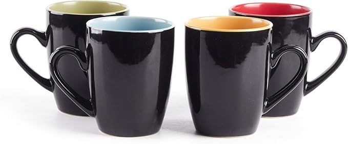 Stoneware Two-Tone Colors Life 16pc Dinnerware Set竊똎utside Shinny Black + Inside Matte Finished Very Funny - 4 Assorted Colors Turquoise, Olive, Curry and Red