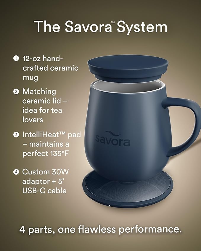 12oz Heated Coffee Mug | Barista?셲 Choice | Exclusive Wireless IntelliHeat Pad | Temperature Control Maintains 135째F | Hand-Crafted Ceramic Mug & Lid | Great for Tea Drinkers | Backed for Life - Blue
