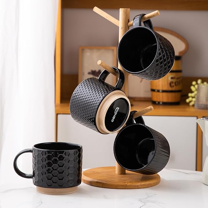 GBhome 12OZ Stackable Coffee Mugs with Stand, Ceramic Coffee Mugs with Texture Patterns for Man,Woman,Dad,Mom, Modern Coffee Cups Set of 4 for Latte/Cappuccino/Cocoa. Dishwasher&Microwave Safe,Black