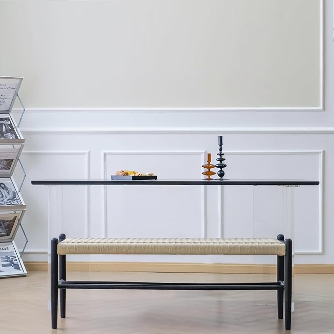 XINNAN Solid Wood Entryway Bench with Shoe Storage, Rustic Oak Wood and Woven Design 45 Inch Long Seating for Living and Dining Rooms,Black
