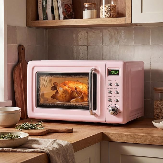 ARLIME Retro Microwave 0.7Cu.ft, 700 Watt Countertop Microwave with 5 Micro Power Defrost & Auto Cooking Function, LED Display, Child Lock, Pink Small Microwave for Kitchen, RV, Dorm