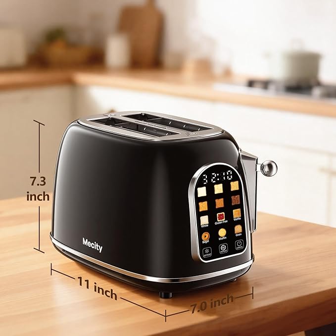 Mecity Toaster 2 Slice, Touch Screen Wide Slot Retro Toaster For Breads Bagel Muffin Waffle, House Warming Gift New Home, 120V 825W, Jet Black