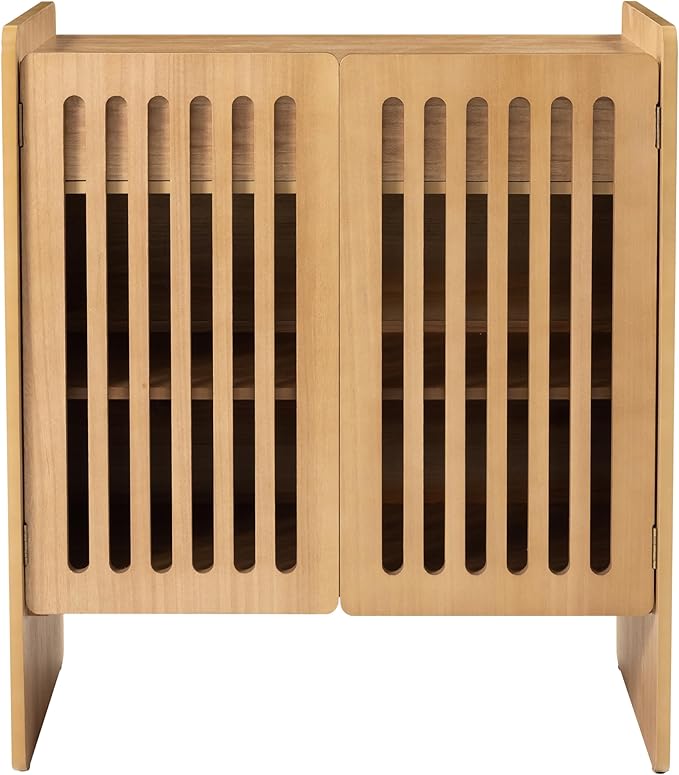 COZAYH Modern 2 Door Wooden Storage Cabinet with Drawer, Mid-Century Slatted Door Accent Cabinet for Living Room or Dining Room, Magnetic Doors, Raised Legs, Natural Wood Color