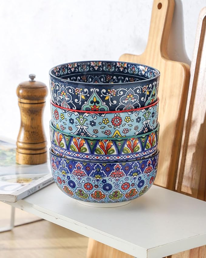 glowworm Cereal Bowls, 26 Oz Ceramic Soup Bowls Set of 4, Kitchen Bowls for Rice, Oatmeal, Fruit, Ice Cream, Dessert, Dishwasher & Microwave safe, Bohemian