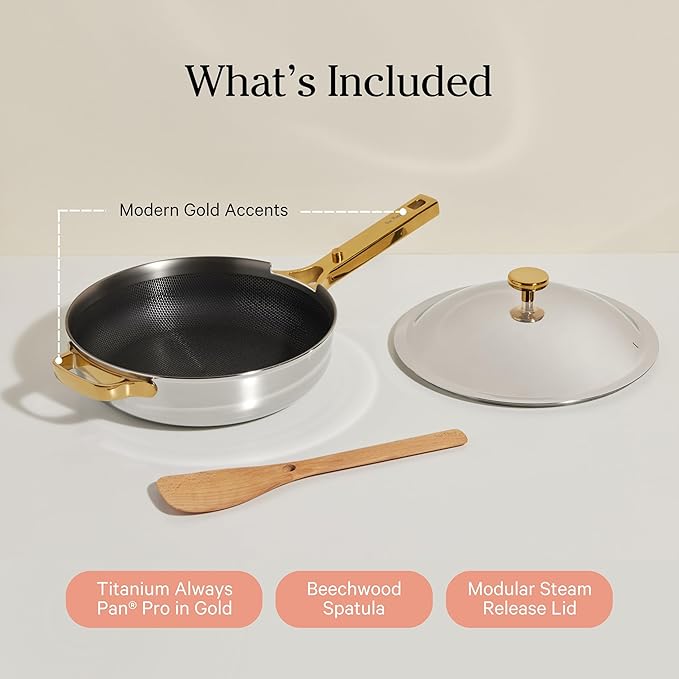 Our Place Titanium Always Pan Pro - 10.6??(2.8 Qt) No-Coating Nonstick Skillet | Tri-Ply Titanium & Stainless Steel | Safe for Oven, Induction & All Cooktops up to 750째F | Includes Spatula | Gold
