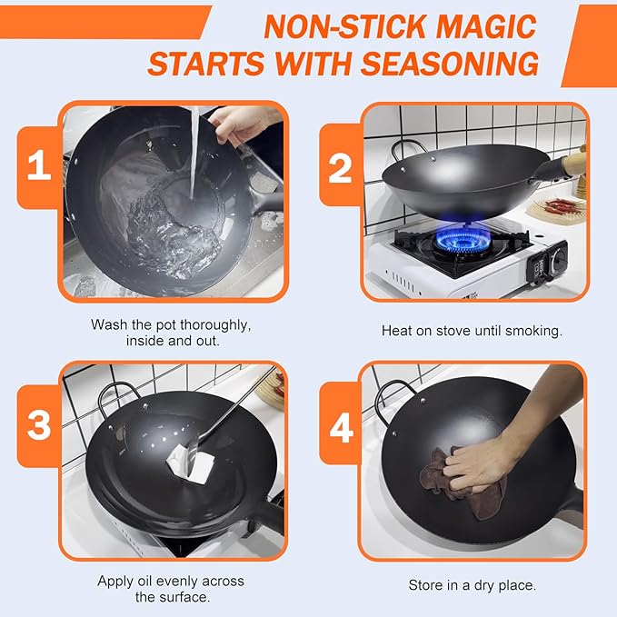 WANGYUANJI Iron Wok,13.38 inchTraditional Round-Bottom Wok, Chef?셲 Professional Stir-Fry Pan with Wooden Handle, Chemical-Free Wok for Gas Stoves and Round-Bottom Induction Stovetop(No lid included)