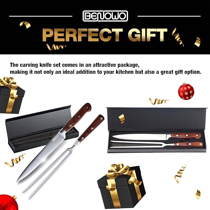 Benowo Carving Knife Set 2-Piece, 8-inch Turkey Carving Knife and Fork Set Stainless Steel Kitchen Knife for Steak, Hibachi Knife and Fork, BBQ Carving Fork with Gift Box ??Designed in USA