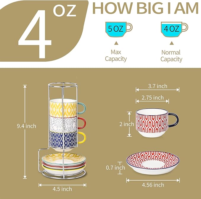 Selamica Ceramic Espresso Cups with Saucers and Metal Stand, 4 OZ Stackable Demitasse Cups for Latte Coffee Caf챕 Mocha Tea, Set of 4, Assorted Colors