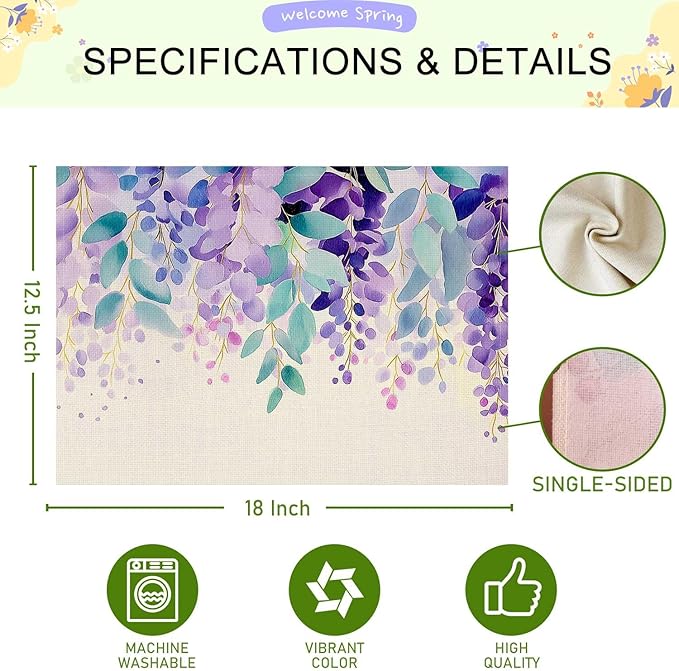 Jauageon Eucalyptus Leaves Placemat Set of 4 Spring Plants Placemats Purple Flowers Table Mats for Indoor Outdoor Home Party Kitchen Dining Decor Farmhouse Burlap Table Mats 12x18 Inch