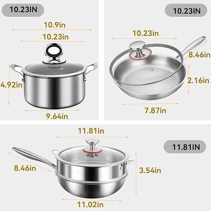 Titanium Hammered Pro Cookware 3 Piece Set, Pan & Soup Pot And Wok with Steamer, Nonstick No-Coat Technology, Ultra-Durable, Even Heating Frying Pans, Compatible with All Cooktops,3 piece set