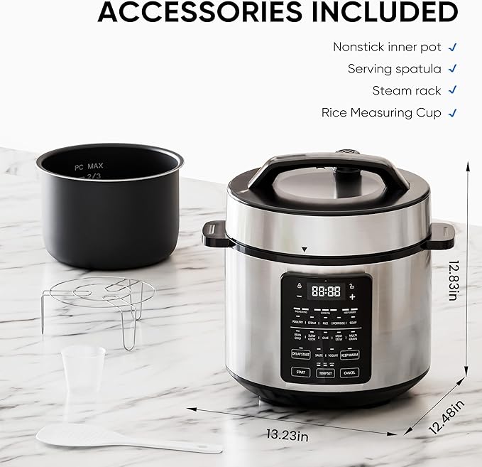 NEWBULIG 6 Quart Electric Pressure Cooker, Stainless Steel Multi Cooker Pressure, 12-in-1 Slow Cooker for Rice, Meat Stew, Porridge, Multigrain, Steam, Yogurt Maker