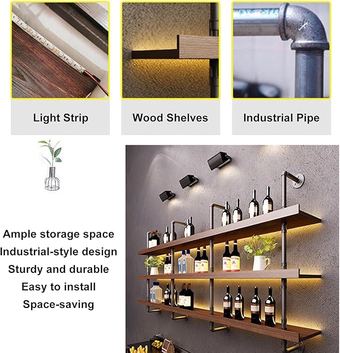 47.2in Large Wine Rack Wall Mounted, 3-Tier Floating Liquor Bottles Shelving with Light Wooden Storage Organizer Display for Kitchen, Bar, Dining Room, Cafe