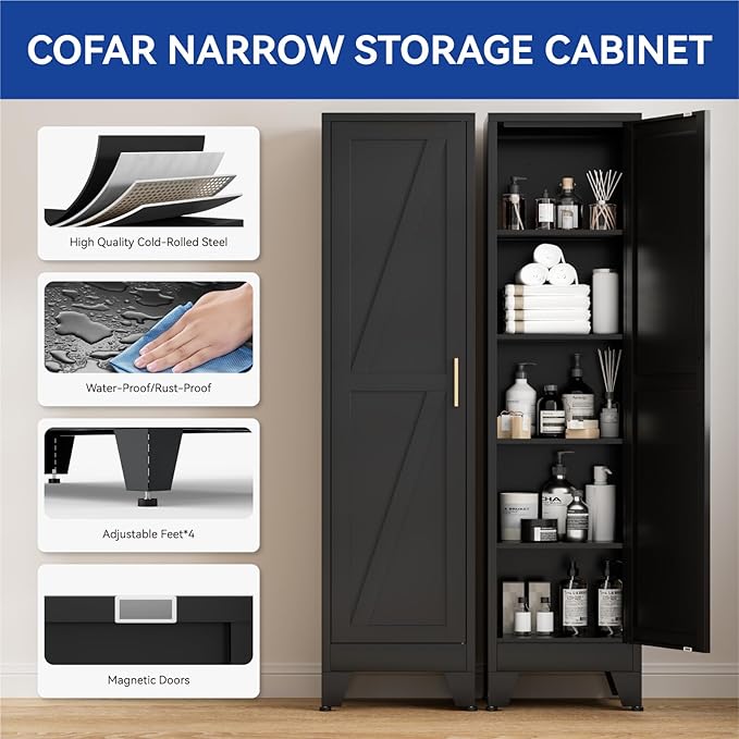 COFaR 67'' Tall Slim Bathroom Storage Cabinet, Metal Narrow Bathroom Cabinet with 4 Adjustable Shelves and One Door, Skinny Cabinet Storage for Kitchen Laundry, Black Farmhouse 5 Tiers