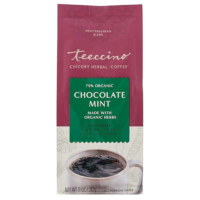 Teeccino Chicory Coffee Alternative ??Chocolate Mint ??Ground Herbal Coffee That?™s Prebiotic, Caffeine Free & Acid Free, Light Roast, 11 Ounce