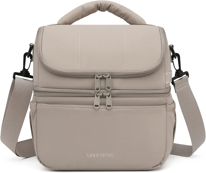 Leadvenst Lunch Bag Women Men, Double Deck Insulated Lunch Box, Large Capacity 12L with Detachable Divider for Tall Item, Leakproof, Durable & Reusable Cooler Bag For Work Picnic Travel, Quilted Khaki